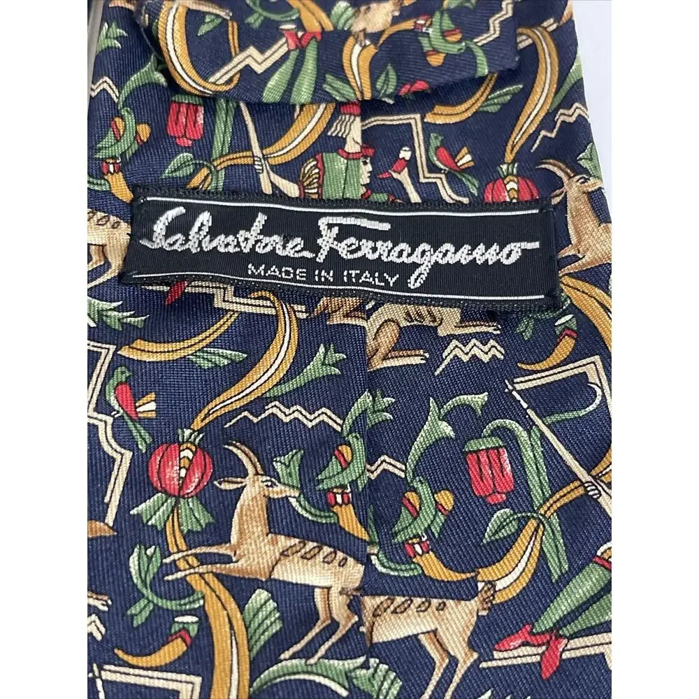 Salvatore Ferragamo Silk Tie Mens Blue Red Abstract Deer Hunter Print Pointed